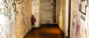 Corridor walls covered with graffiti